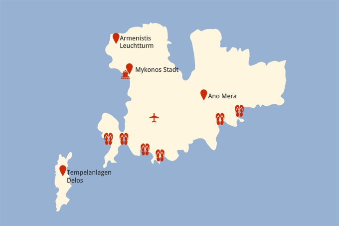 Karte von Mykonos und seinen Sehenswürdigkeiten